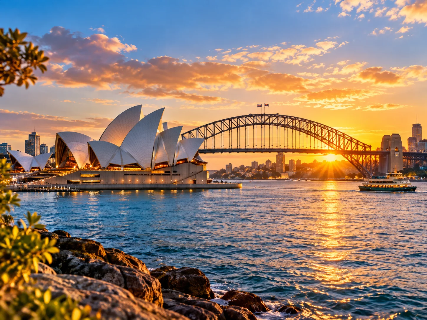 Sydney Opera House and Harbour Bridge at golden hour
