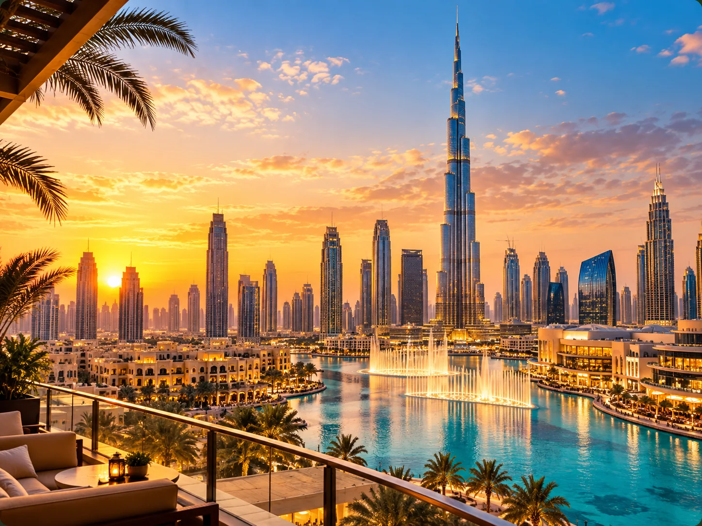 Dubai skyline and Burj Khalifa at golden hour