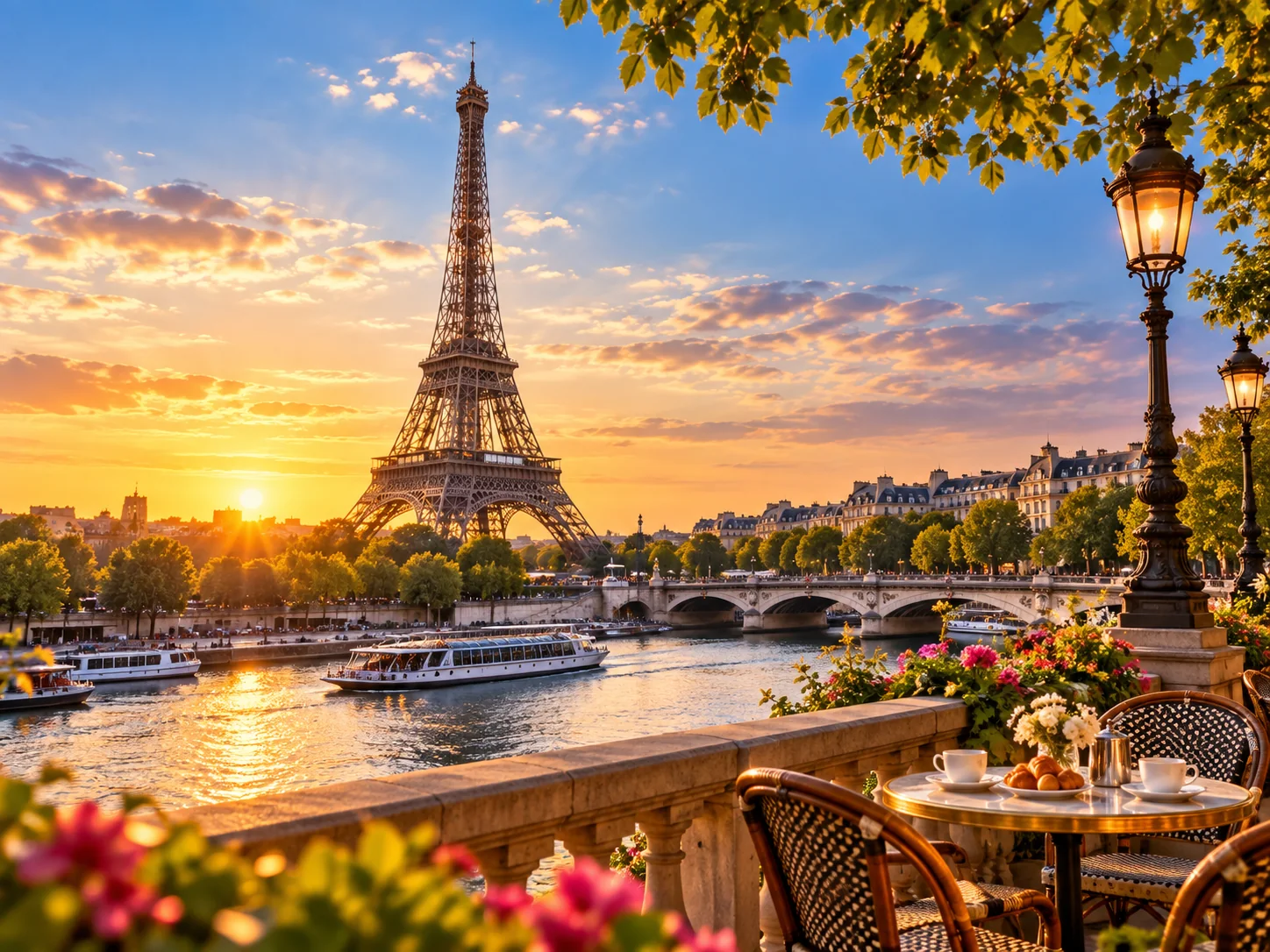 Paris Eiffel Tower beside the Seine at sunset
